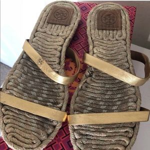 TORY BURCH Two Band Espadrille Slide Sandals Gold